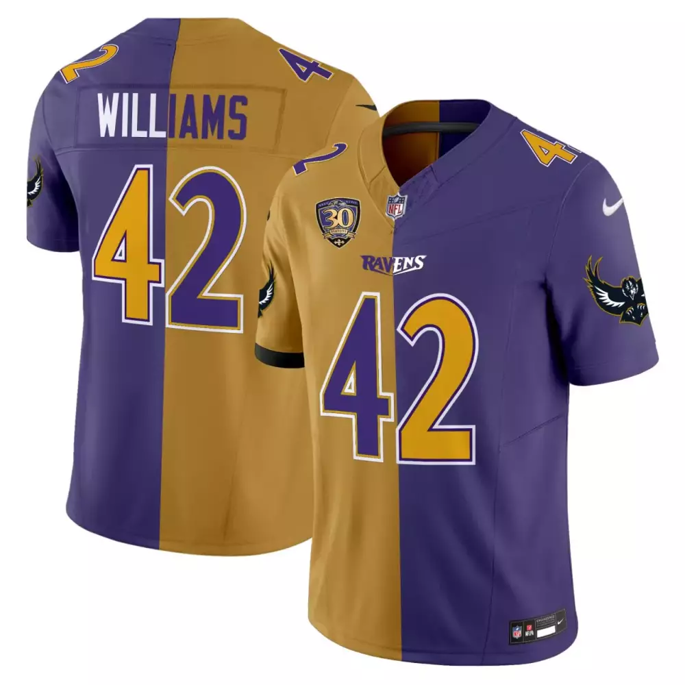 Williams 42 Ravens Jersey Purple 30th Anniversary Men Split Design Gold Stitched
