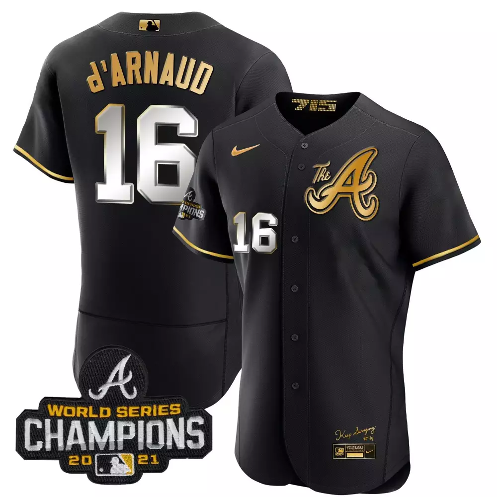 Travis Darnaud 16 Atlanta Braves Jersey Black World Series Champions 2021 Men Gold