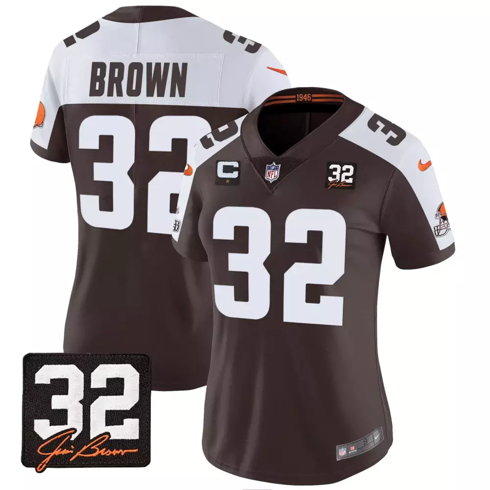 Jim Brown 32 Cleveland Browns Jersey Men Game White Orange All Stitched