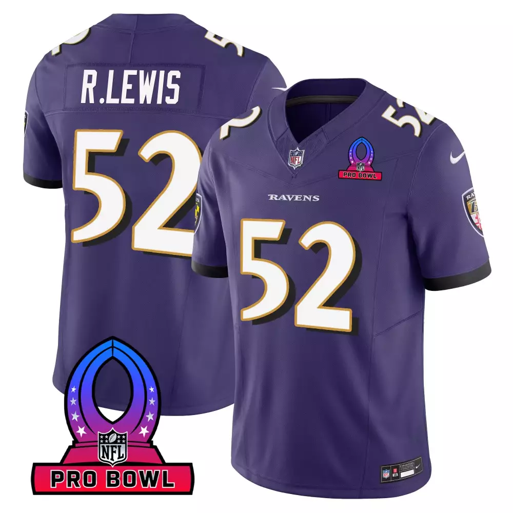 Ray Lewis 52 Ravens Jersey Purple Pro Bowl Men Replica White Gold Vapor All Stitched
