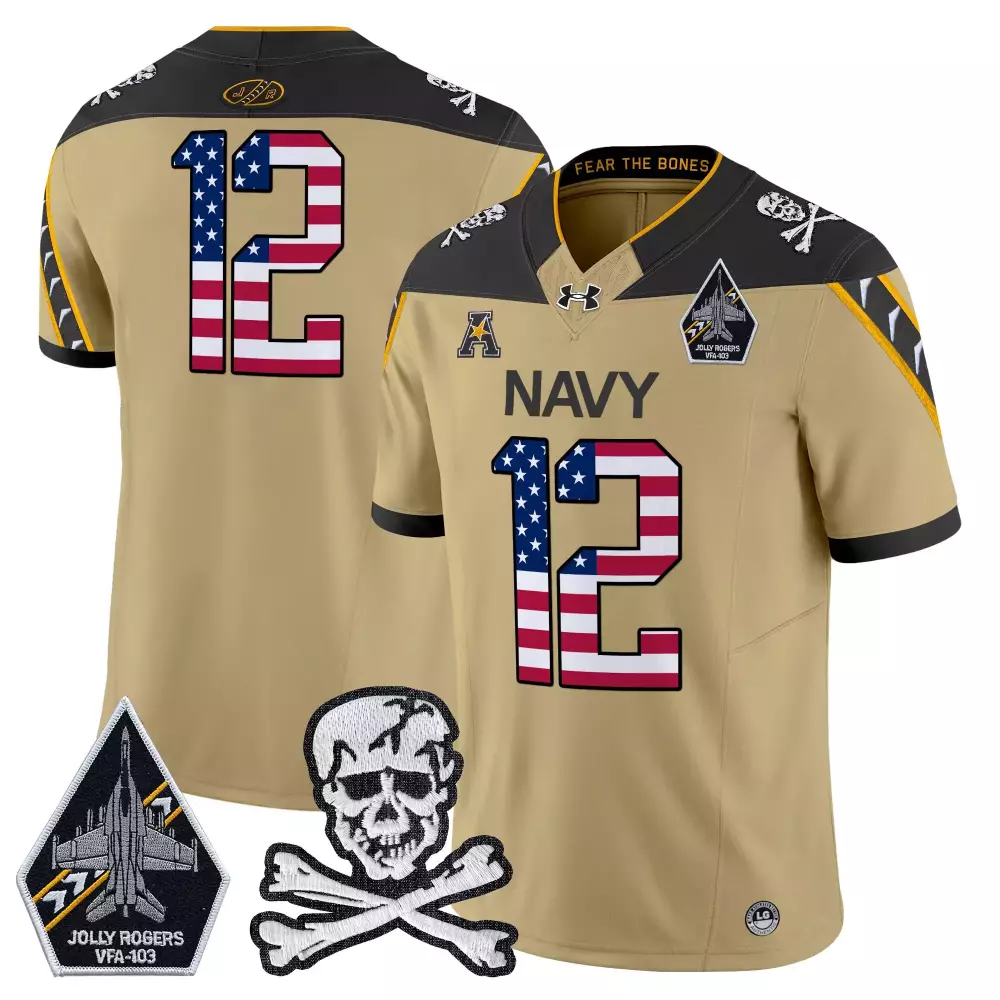 Custom Navy 12 Jersey Tan Jolly Rogers VFA-103 Skull Crossbones 2023 Men Black White