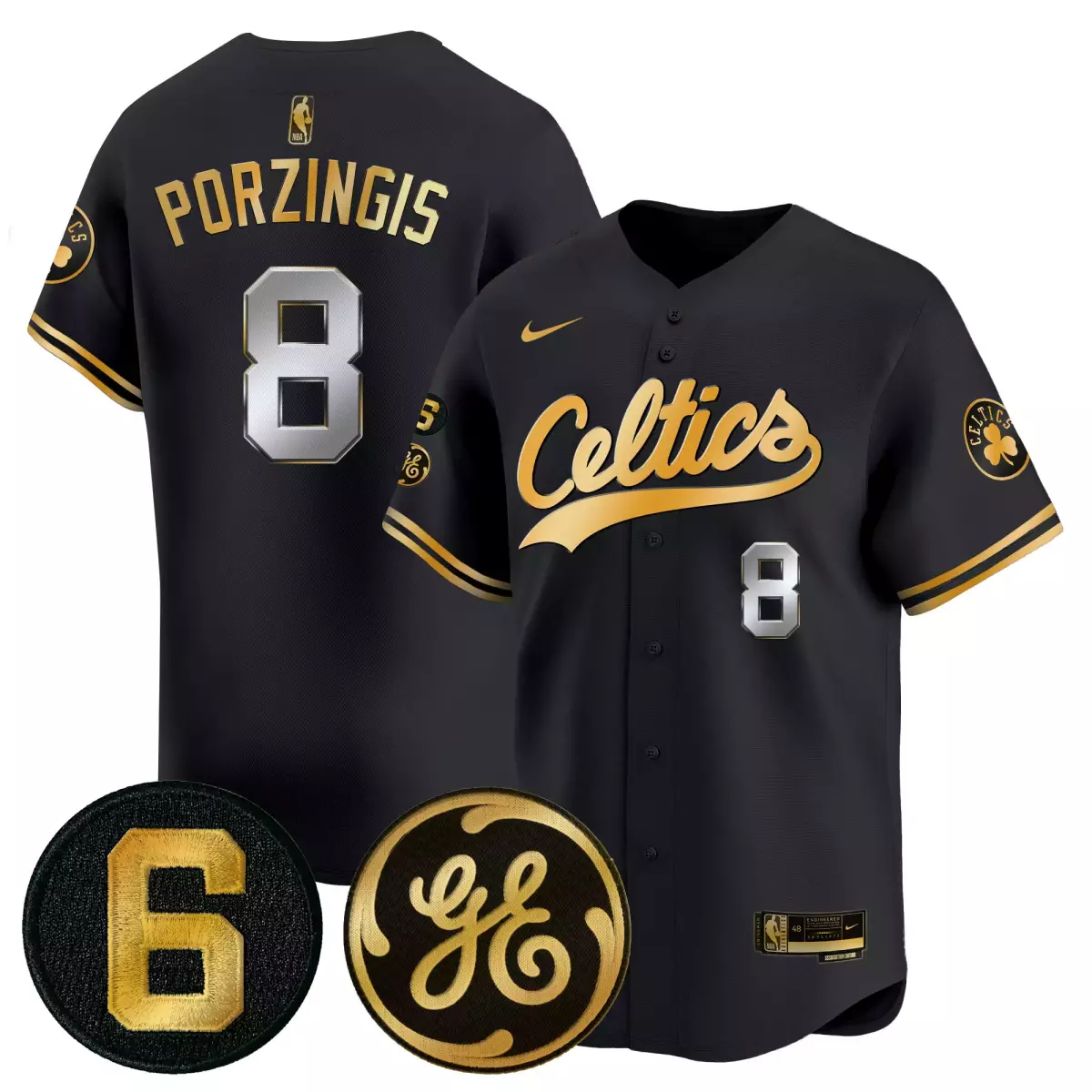 Kristaps Porzingis 8 Celtics Jersey Black Ge Number Men Gold Silver All Stitched