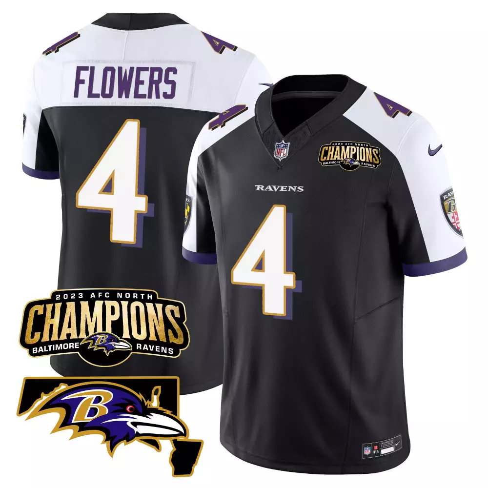 Zay Flowers 4 Baltimore Ravens Jersey Black AFC North Champions 2023 Men Player White