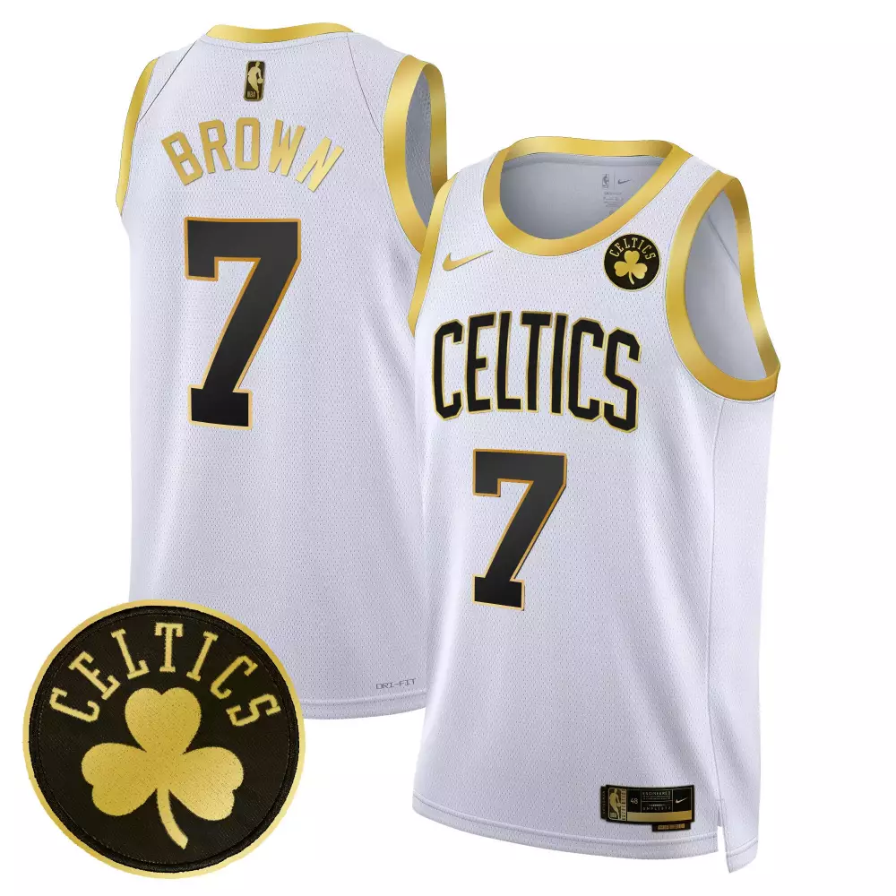 Jaylen Brown 7 Celtics Jersey White Clover Men Black Gold Swingman All Stitched
