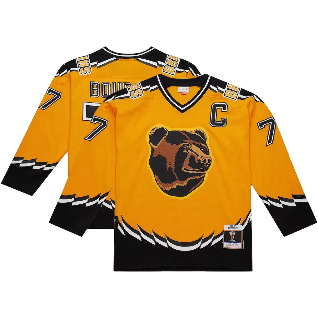Ray Bourque 77 Boston Bruins Jersey Yellow Vintage Mitchell Ness 1986 Men Black White