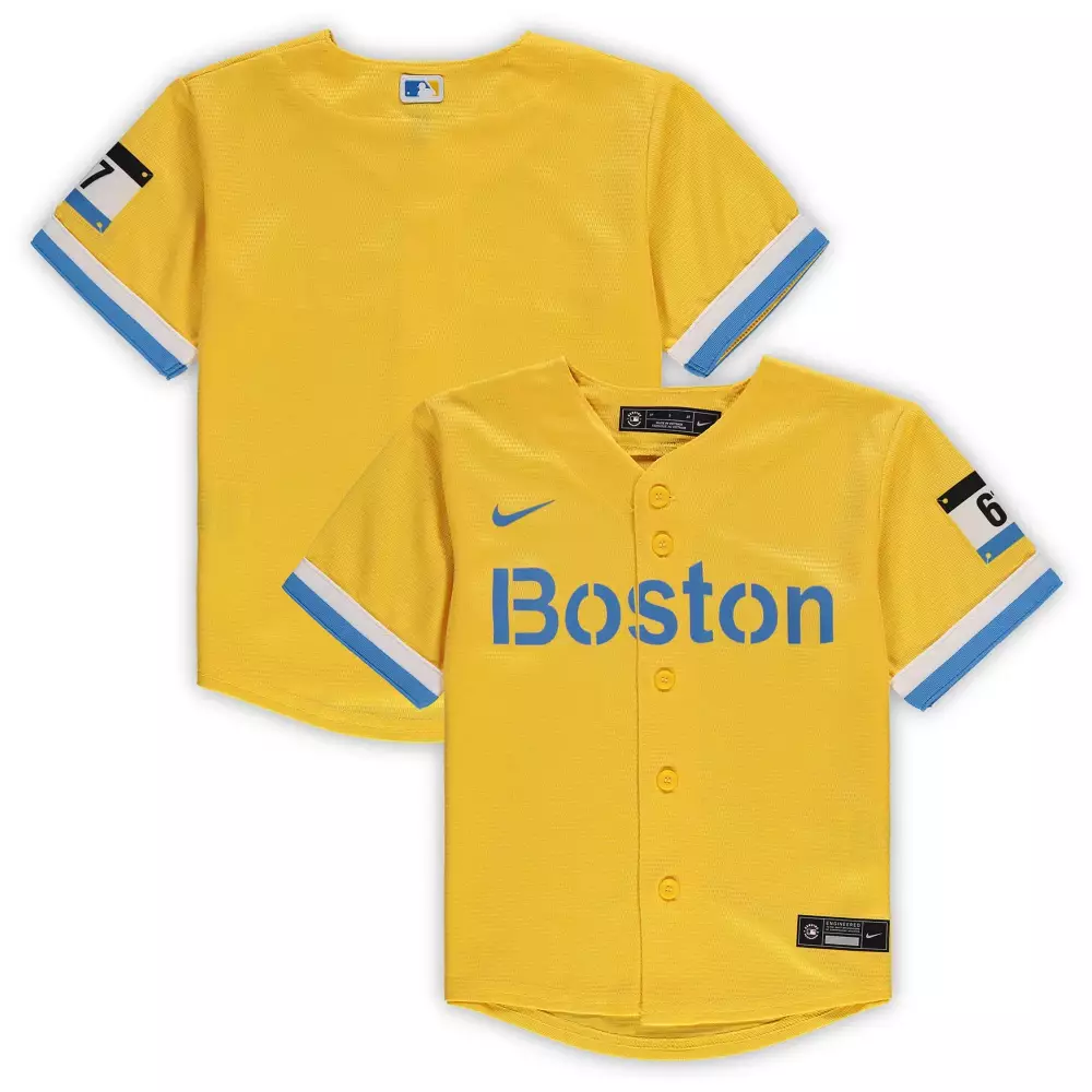Custom Boston Red Sox 6 Jersey Yellow City Connect Licensing Men Button-down Alternate