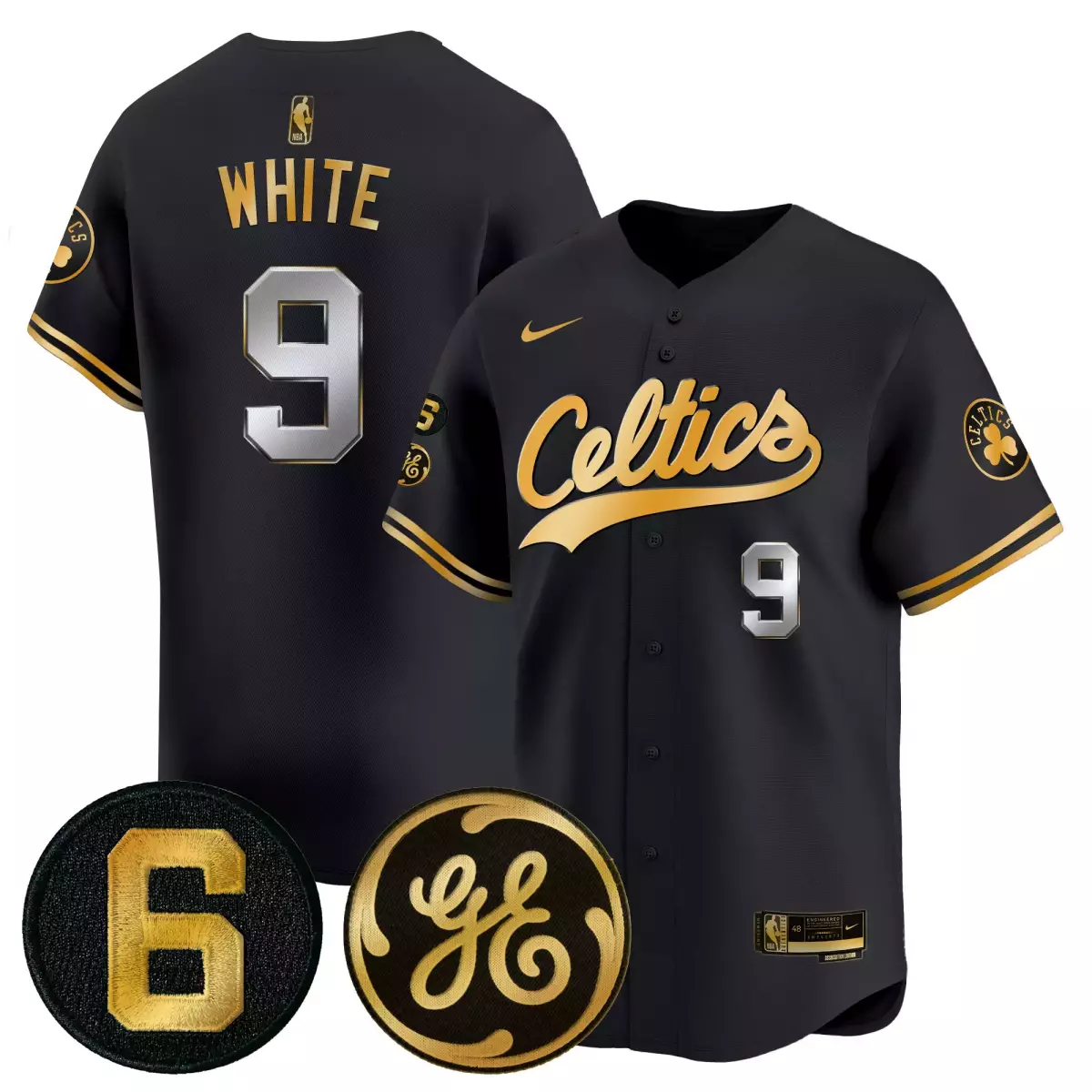 White 9 Celtics Jersey Black Ge Collaboration 2023 Men Gold Silver All Stitched