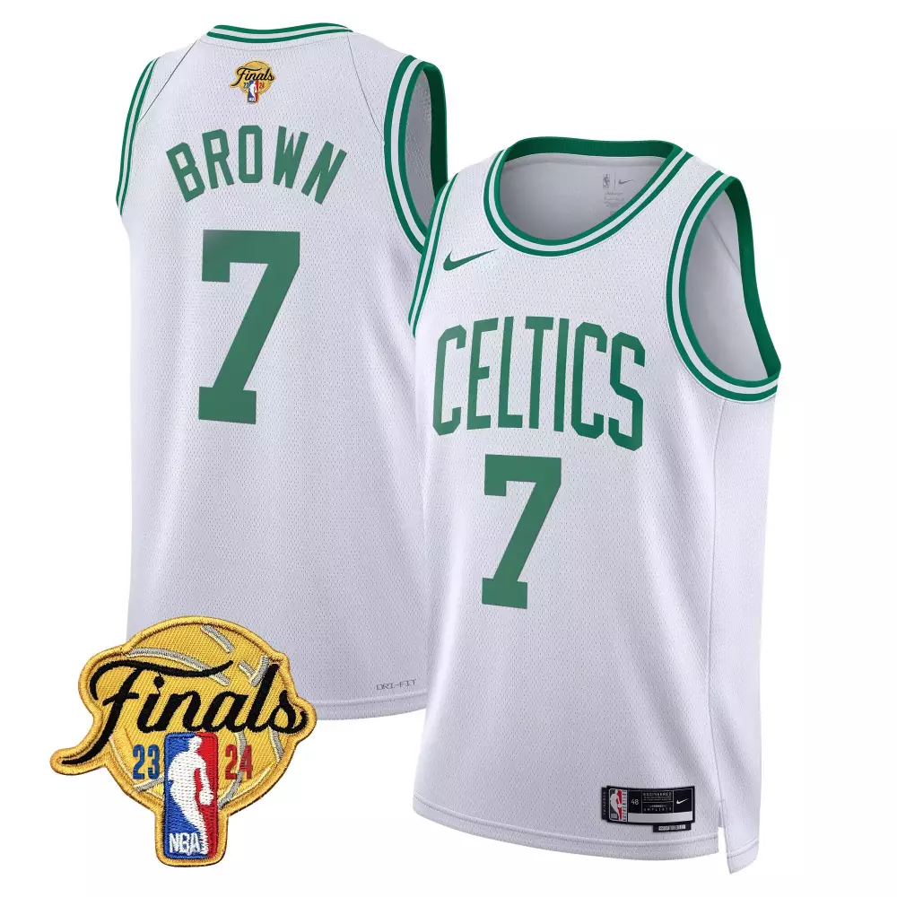 Brown 7 Celtics Jersey White 2023-24 Finals Men Standard Green Swingman v2 All Stitched