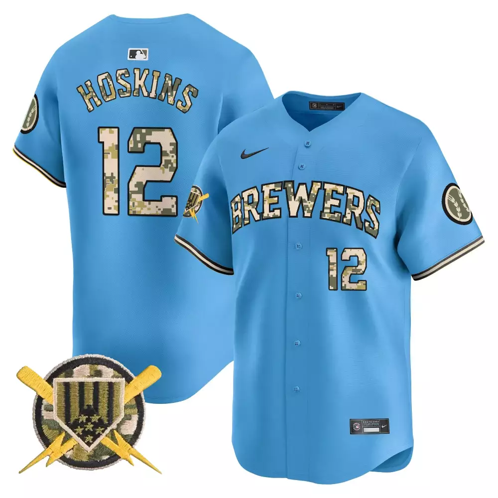 Rhys Hoskins 12 Brewers Jersey Light Blue Military Appreciation Milwaukee Baseball Lightning Bolts Camouflage