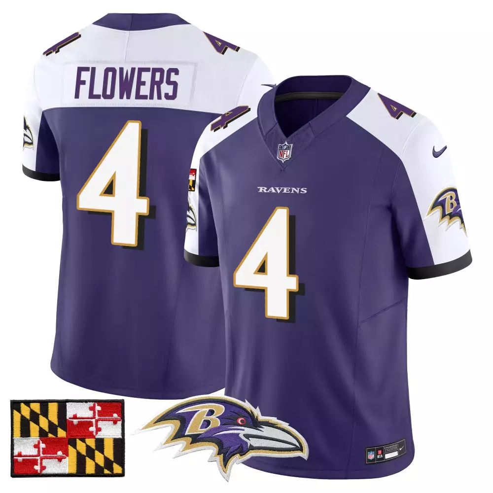 Zay Flowers 4 Ravens Jersey Purple Maryland Flag Men Standard White Alternate Vapor
