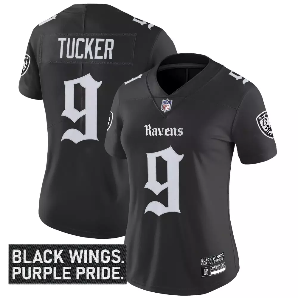 Justin Tucker 9 Ravens Jersey Black Wings. Purple Pride. Women Women's Replica White