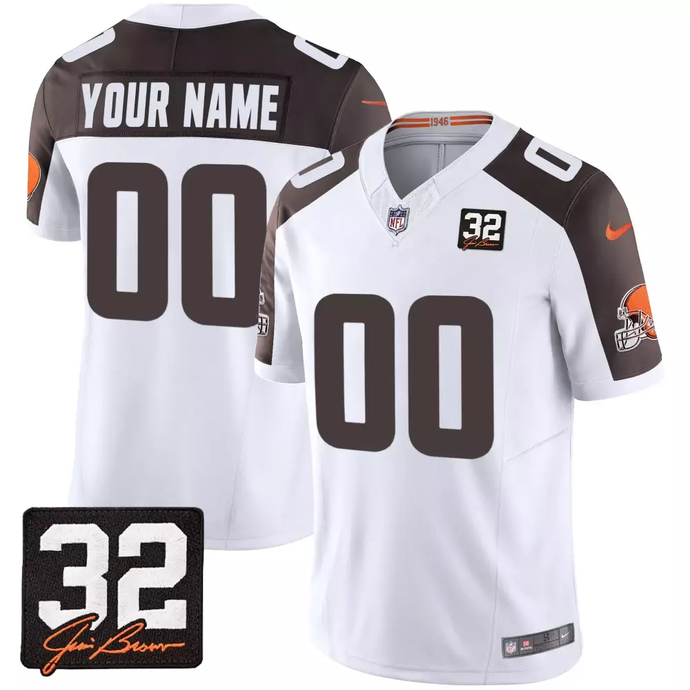 Custom Cleveland Browns Jersey White Men Brown All Stitched