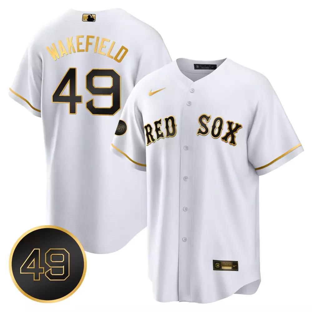 Tim Wakefield 49 Red Sox Jersey White Men Black Gold Cool Base All Stitched