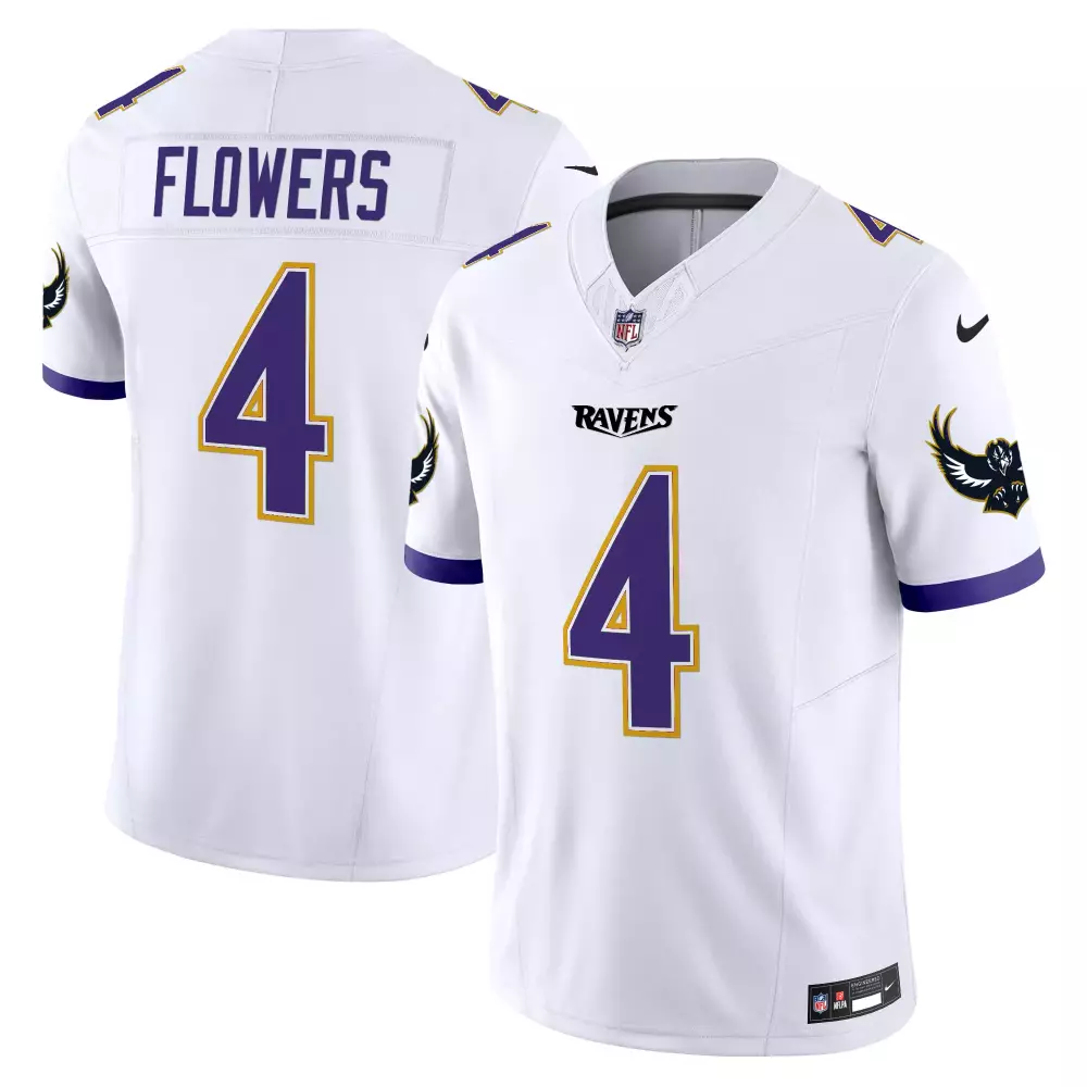 Zay Flowers 4 Ravens Jersey White Men Purple Gold Vapor Limited v2 All Stitched