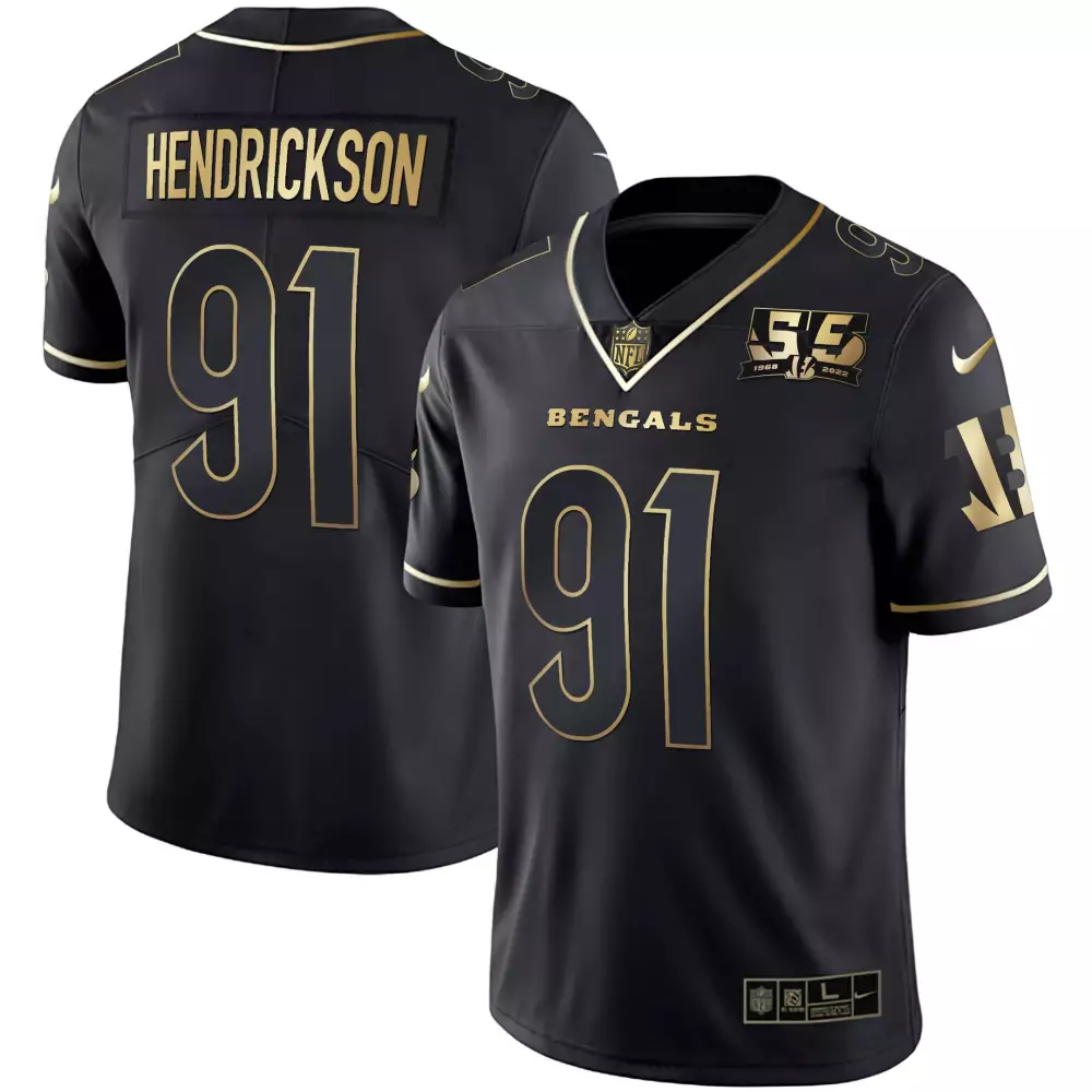 Trey Hendrickson 91 Bengals Jersey Black 55th Anniversary 1968-2023 Men Player Gold