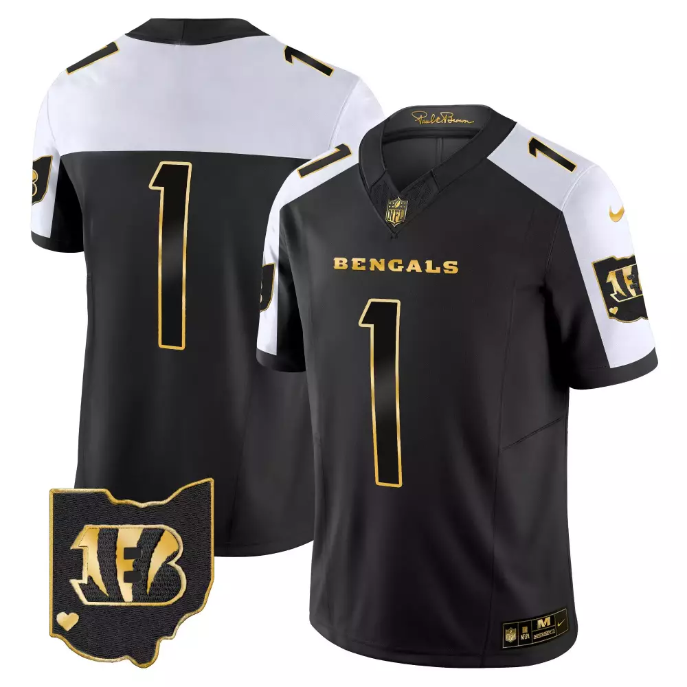 Custom Bengals 1 Jersey Black Ohio Men Game White Gold All Stitched Limited