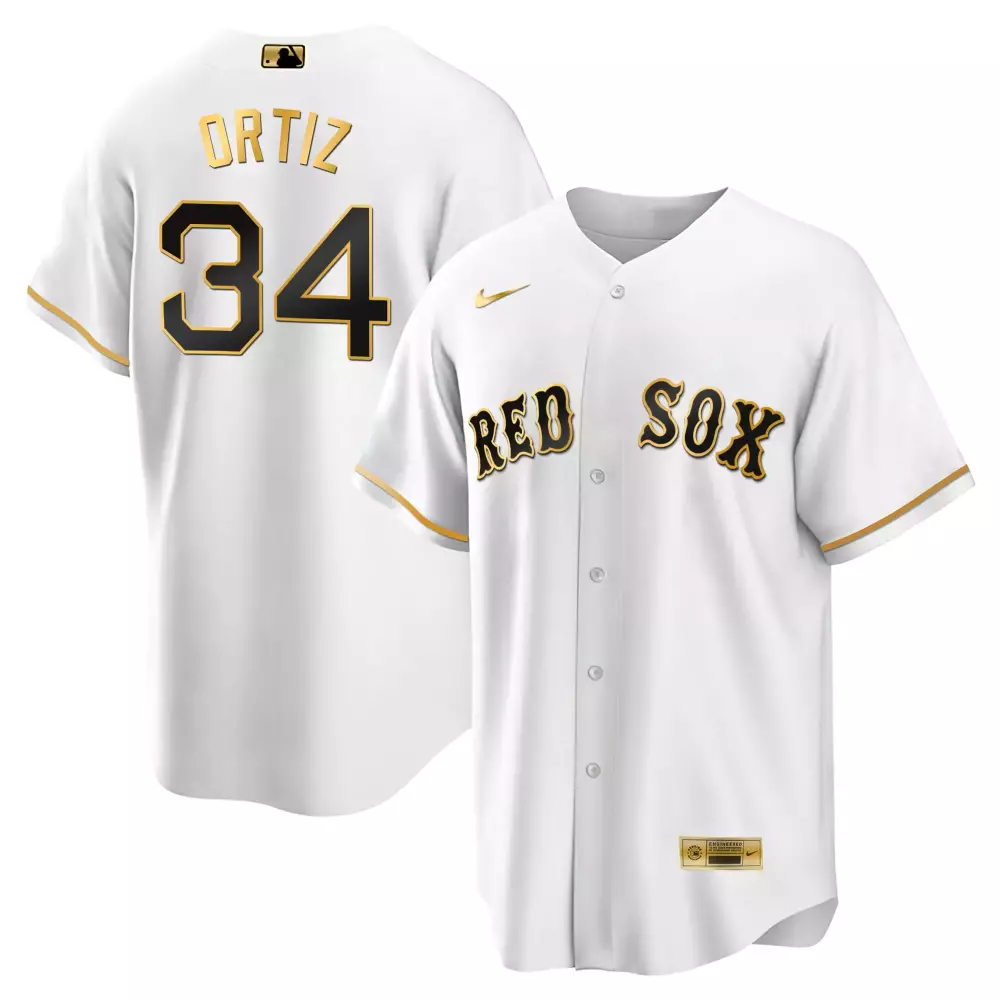 Ortiz 34 Red Sox Jersey White Men Black Gold All Stitched