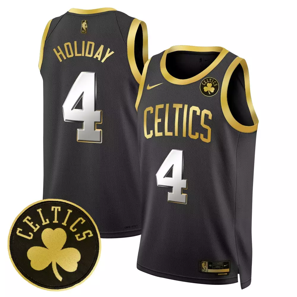 Jrue Holiday 4 Celtics Jersey Black Clover Men Gold Silver Swingman All Stitched
