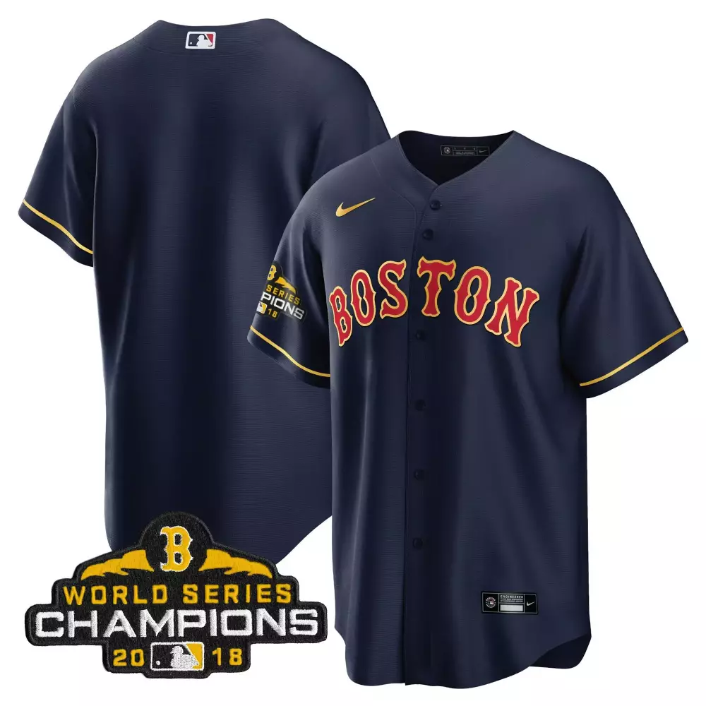 Mookie Betts 50 Boston Red Sox Jersey Navy 2018 World Series Champions Men Gold Cool