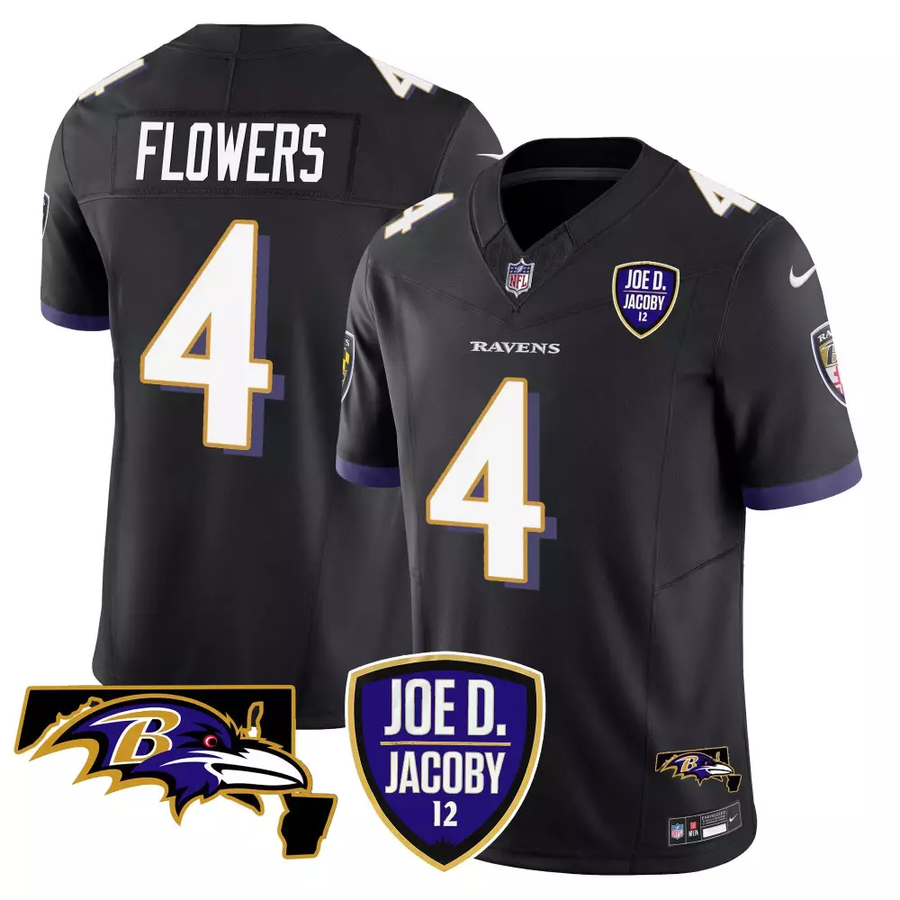 Zay Flowers 4 Ravens Jersey Black Joe Jacoby Men Purple White Gold Vapor Limited