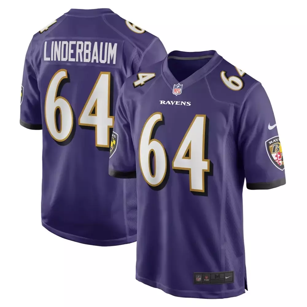 Tyler Linderbaum 64 Ravens Jersey Purple Men Game White Black Gold