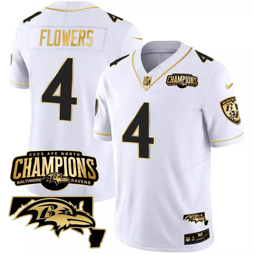 Zay Flowers 4 Baltimore Ravens Jersey White 2023 AFC North Champions Men Black Gold