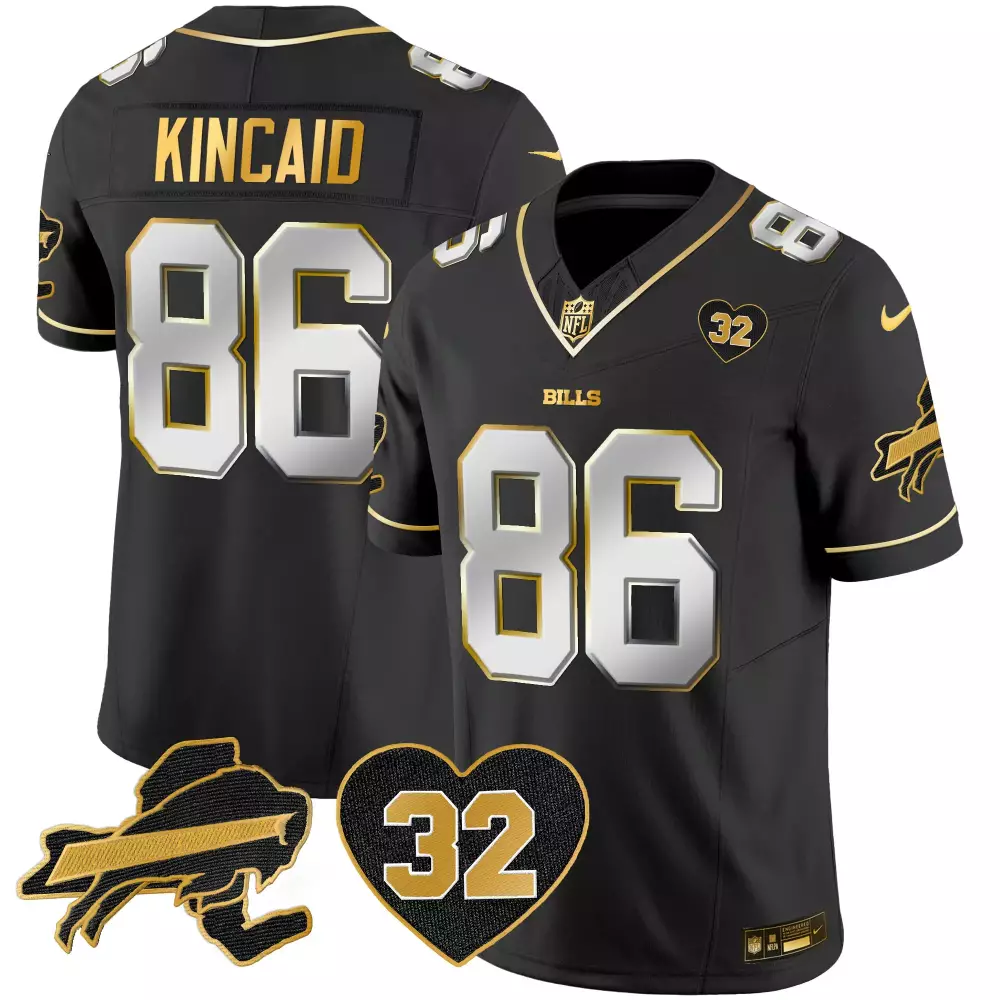 Dalton Kincaid 86 Bills Jersey Black Buffalo Heart Shaped Number 32 Men Game Gold