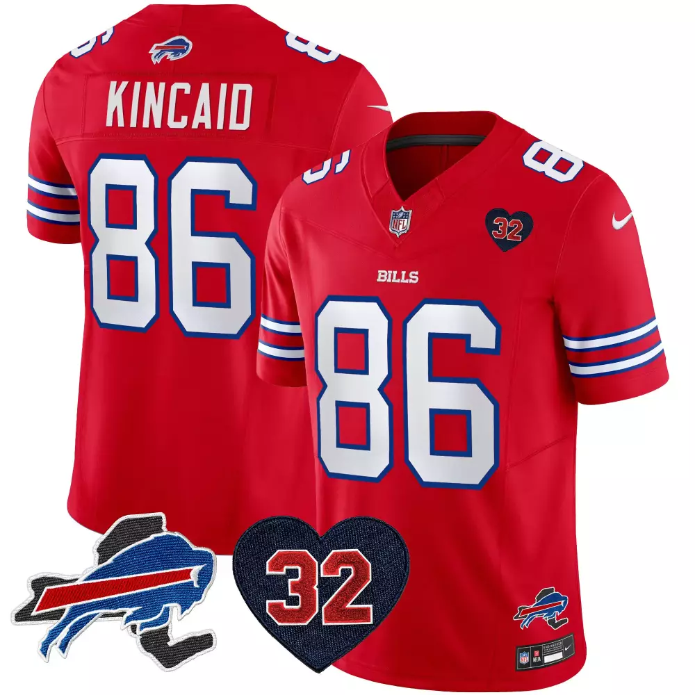 Dalton Kincaid 86 Buffalo Bills Jersey Red Number 32 Heart Men Player Blue White