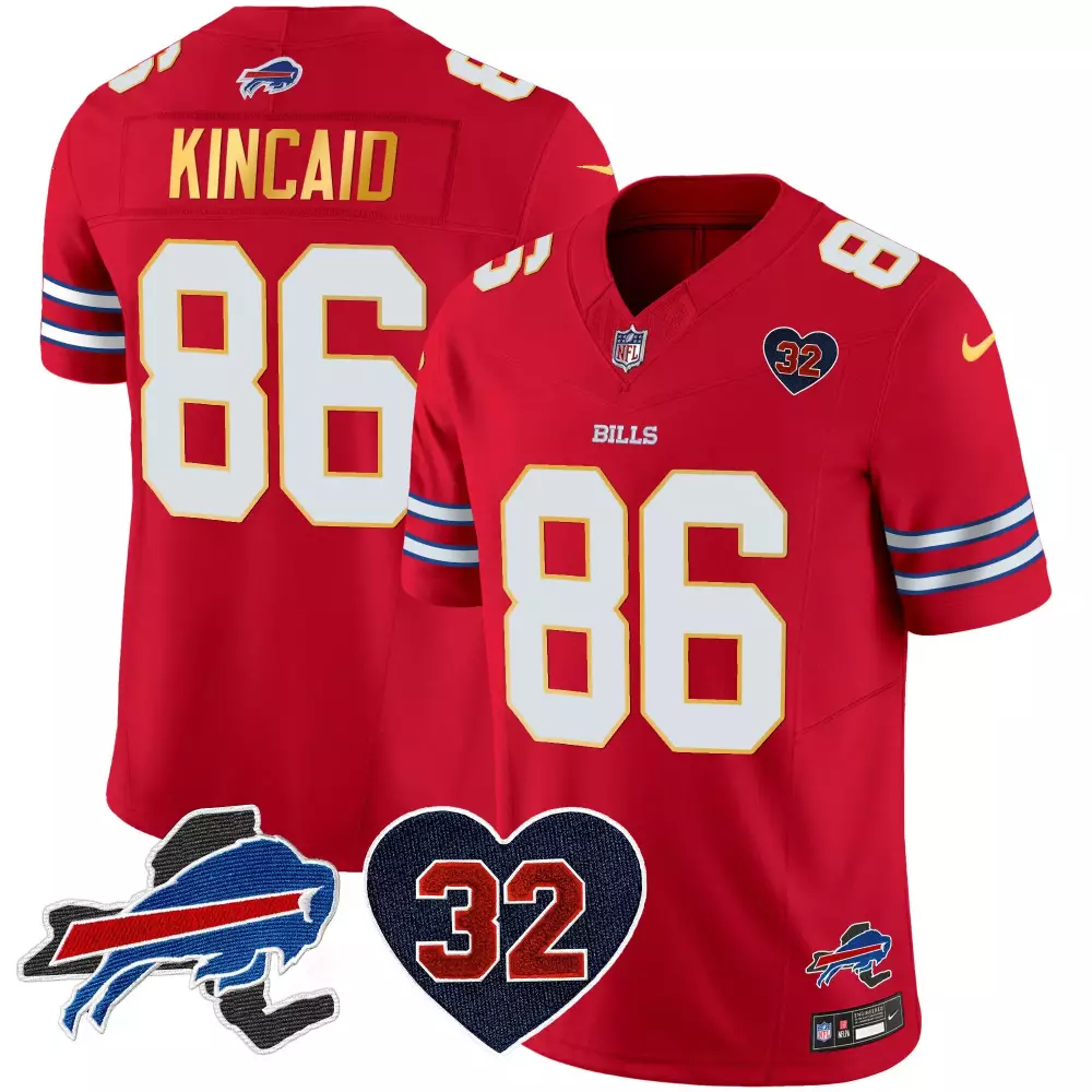 Dalton Kincaid 86 Buffalo Bills Jersey Red Number 32 Heart Men White Blue Gold Vapor
