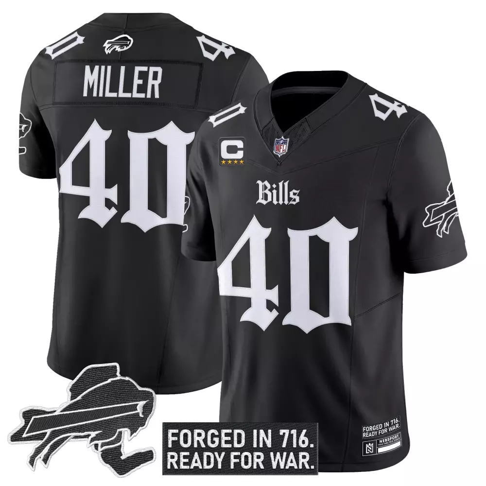 Von Miller 40 Bills Jersey Black Blackout (captain's Patch) Four Stars Men Replica