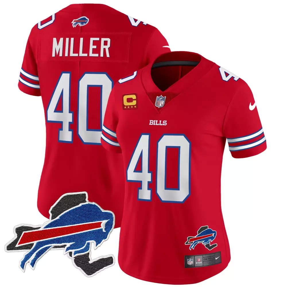 Von Miller 40 Bills Jersey Red Captain Women Replica White Blue All Stitched Vapor
