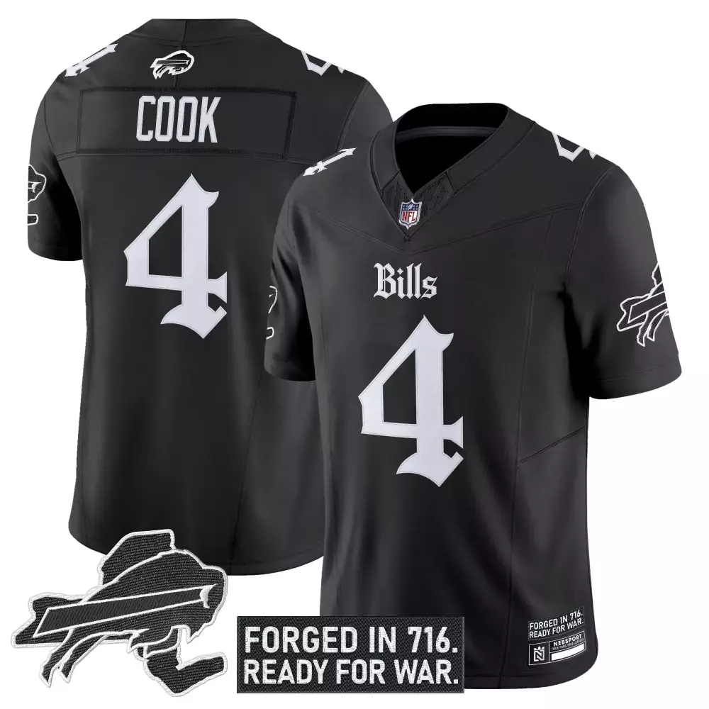 James Cook 4 Bills Jersey Black Forged 716. Ready War. Men Replica White Stitched