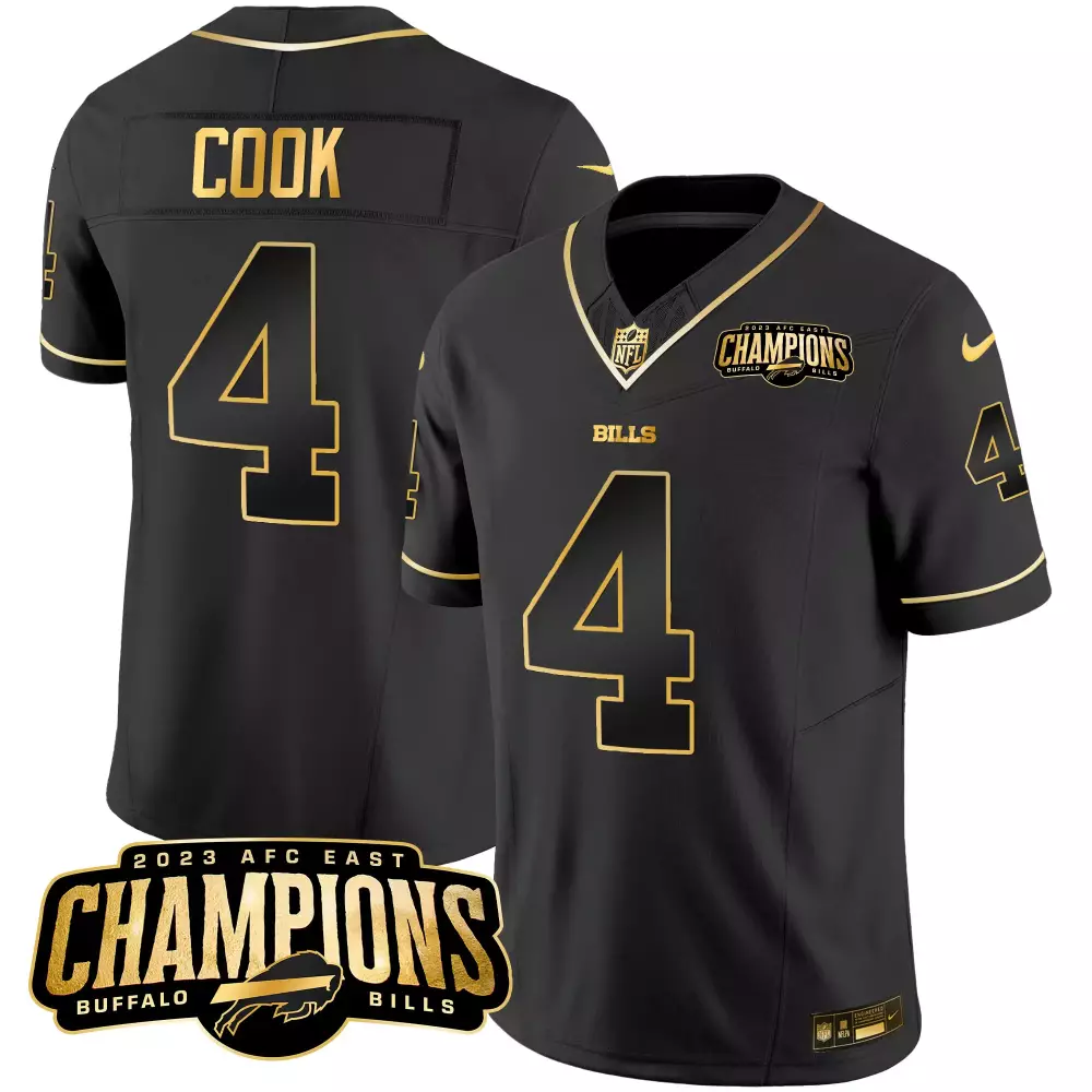 James Cook 4 Buffalo Bills Jersey Black AFC East Champions 2023 Men NFL Gold All