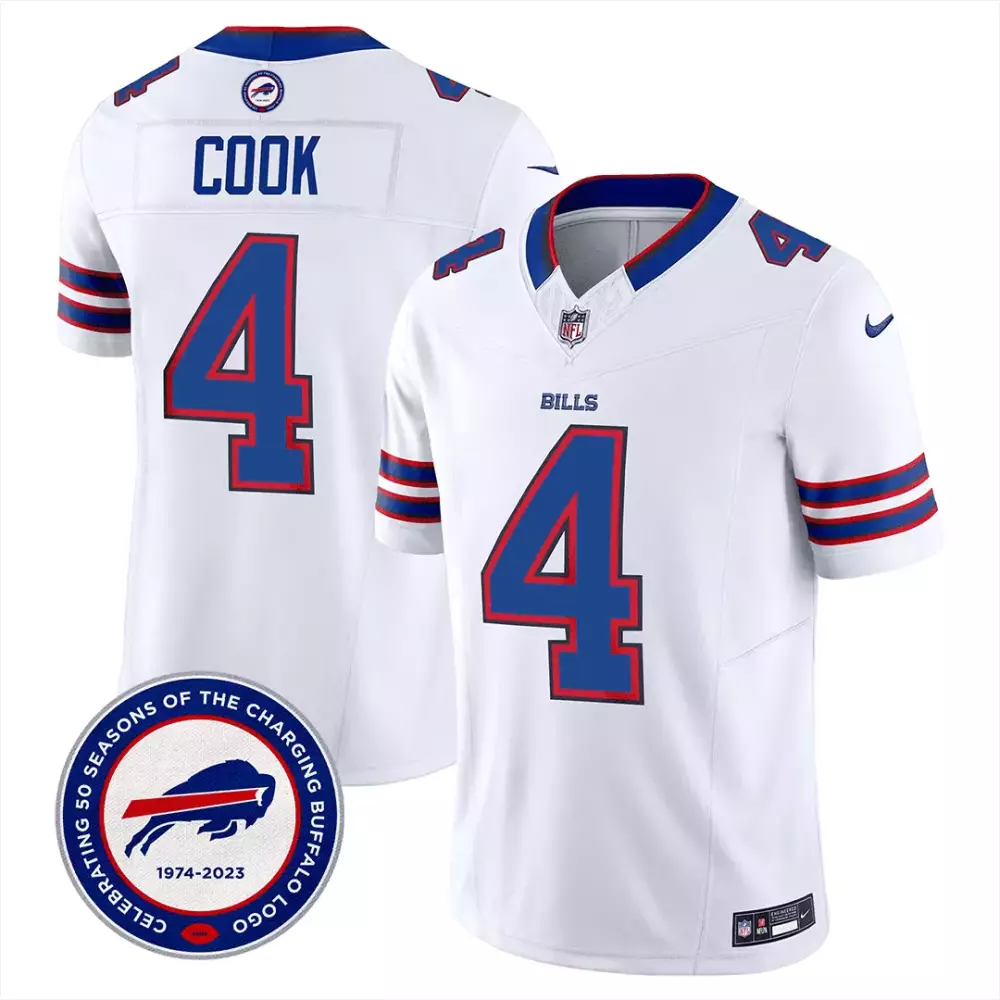 James Cook 4 Bills Jersey White Men Blue Red All Stitched Vapor Anniversary