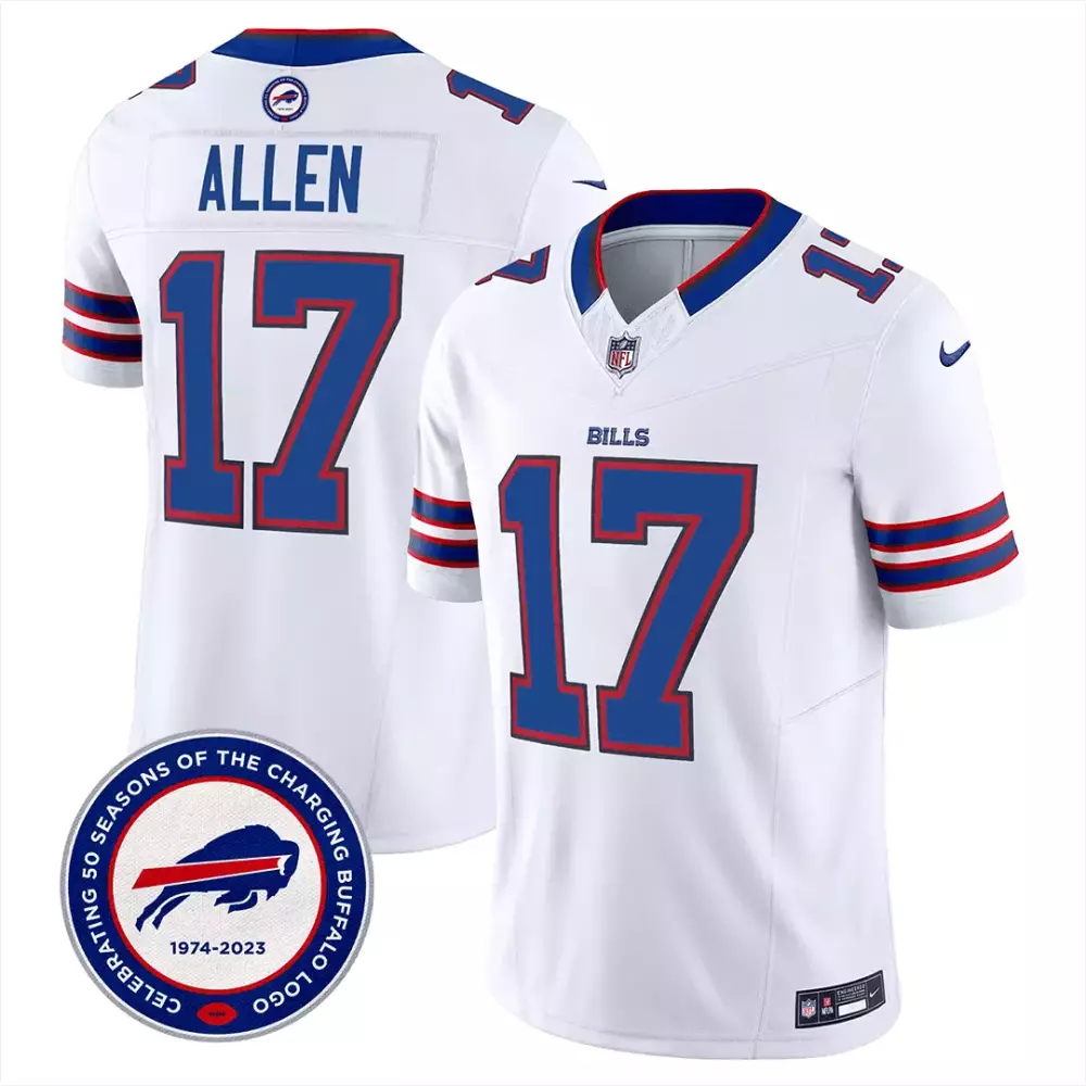 Josh Allen 17 Buffalo Bills Jersey White 50th Season 1974-2023 Men Replica Blue Red