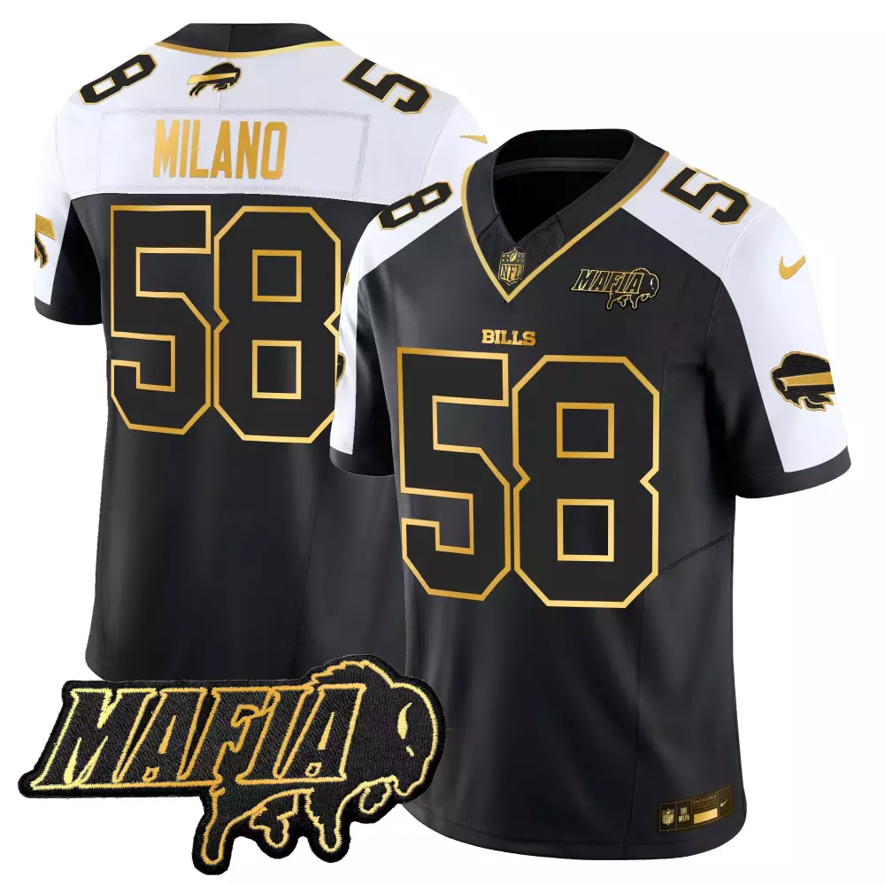 Matt Milano 58 Buffalo Bills Jersey Black Mafia Men Split Design White Gold Alternate
