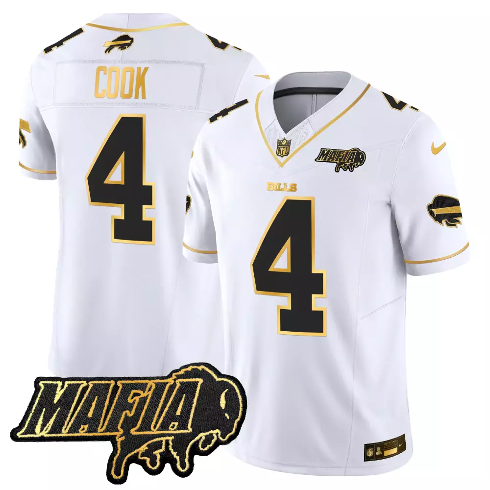 James Cook 4 Buffalo Bills Jersey White Mafia Men Black Gold Vapor Limited All Stitched