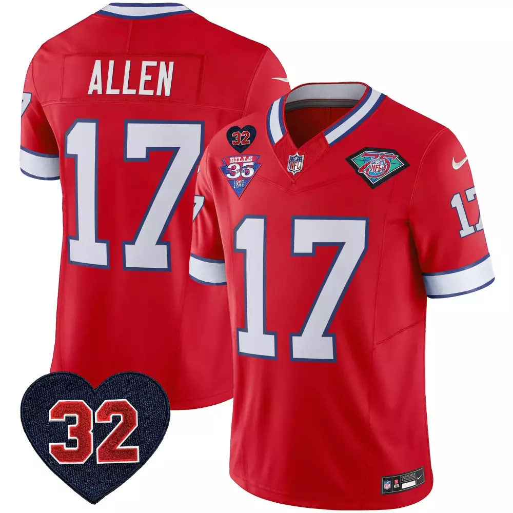 Josh Allen 17 Buffalo Bills Jersey Red 75th Anniversary 35th Men White Blue Throwback