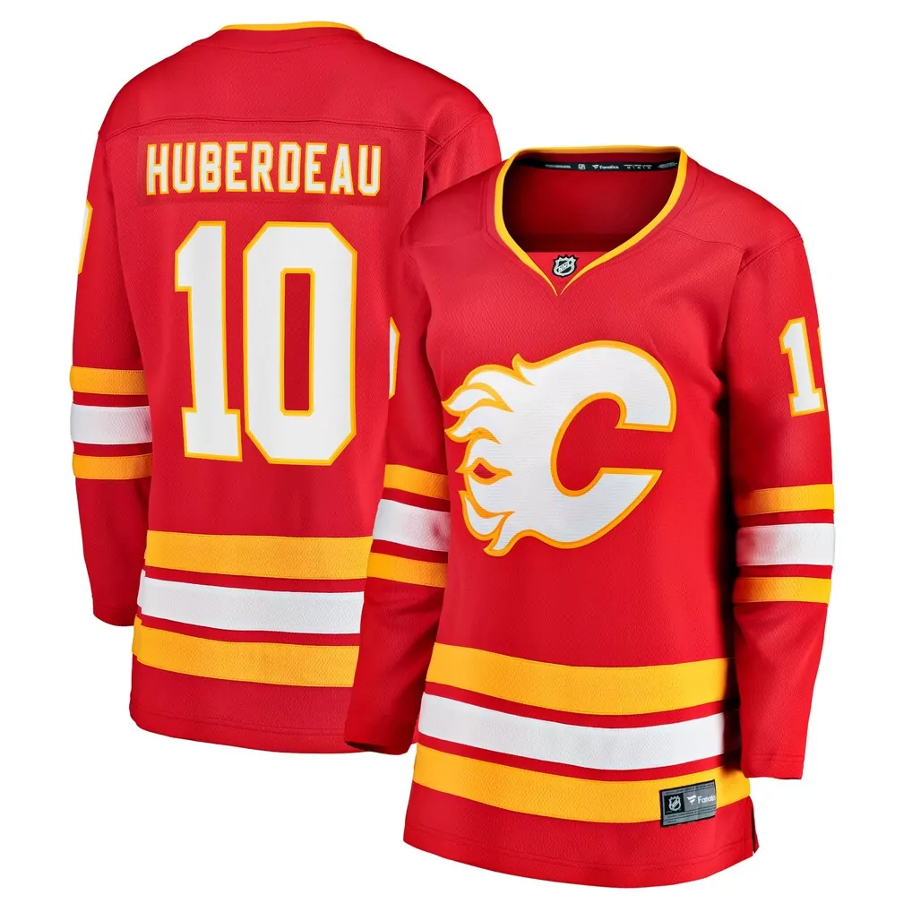 Jonathan Huberdeau 10 Jersey Red Calgary Flames Men White Yellow Home Breakaway
