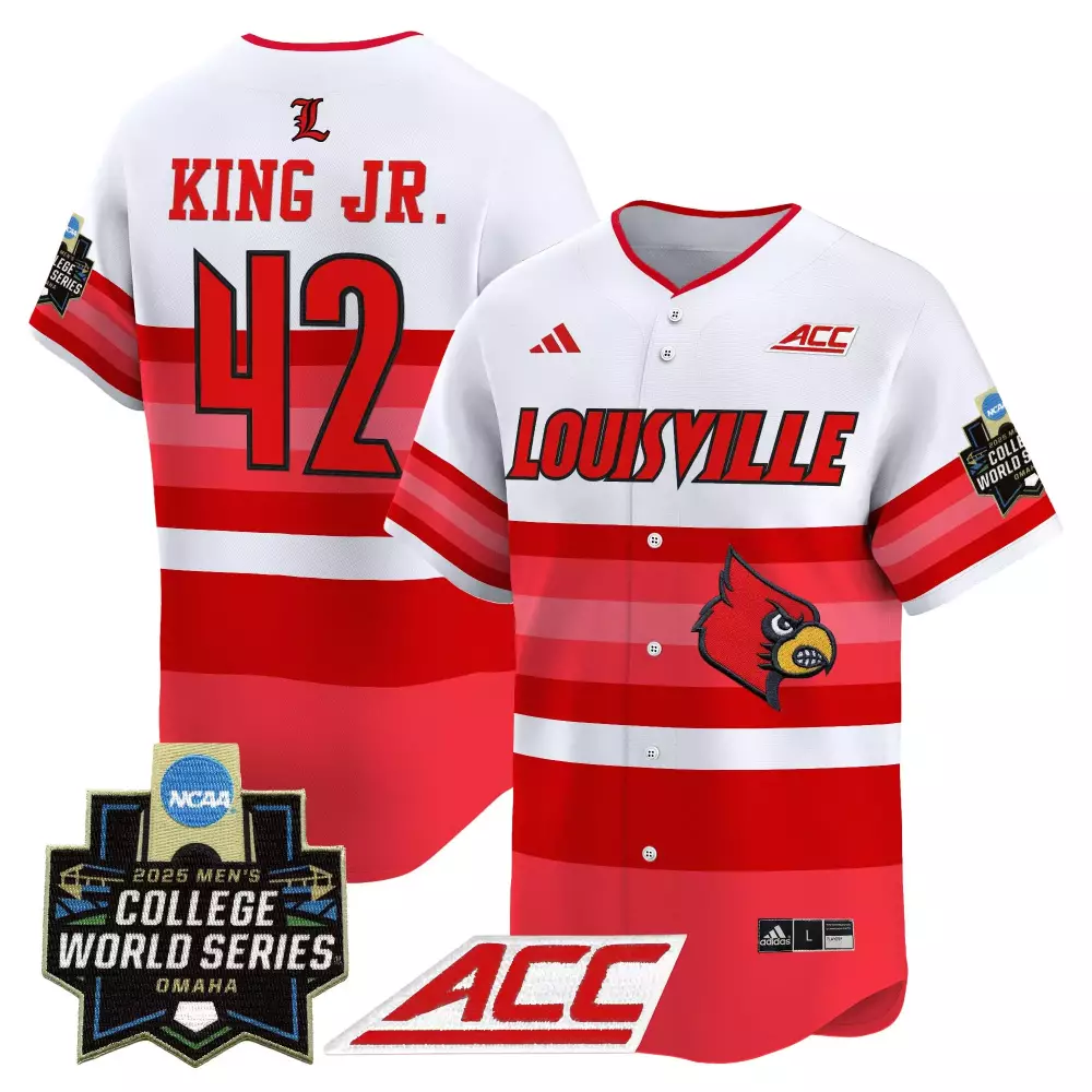 King Jr. 42 Louisville Jersey Red 2025 Men's College World Series Men Split Design
