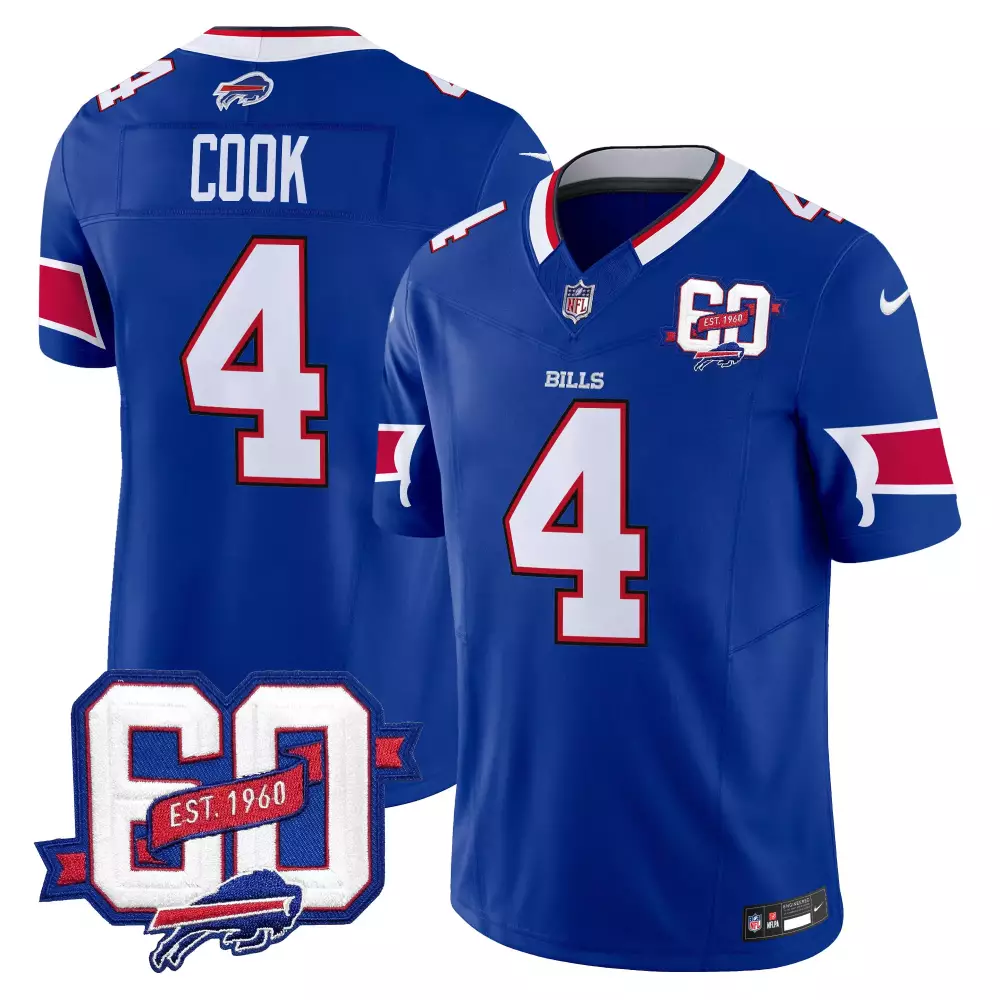 James Cook 4 Bills Jersey Royal Blue 60th Anniversary Men Replica White Red All Stitched