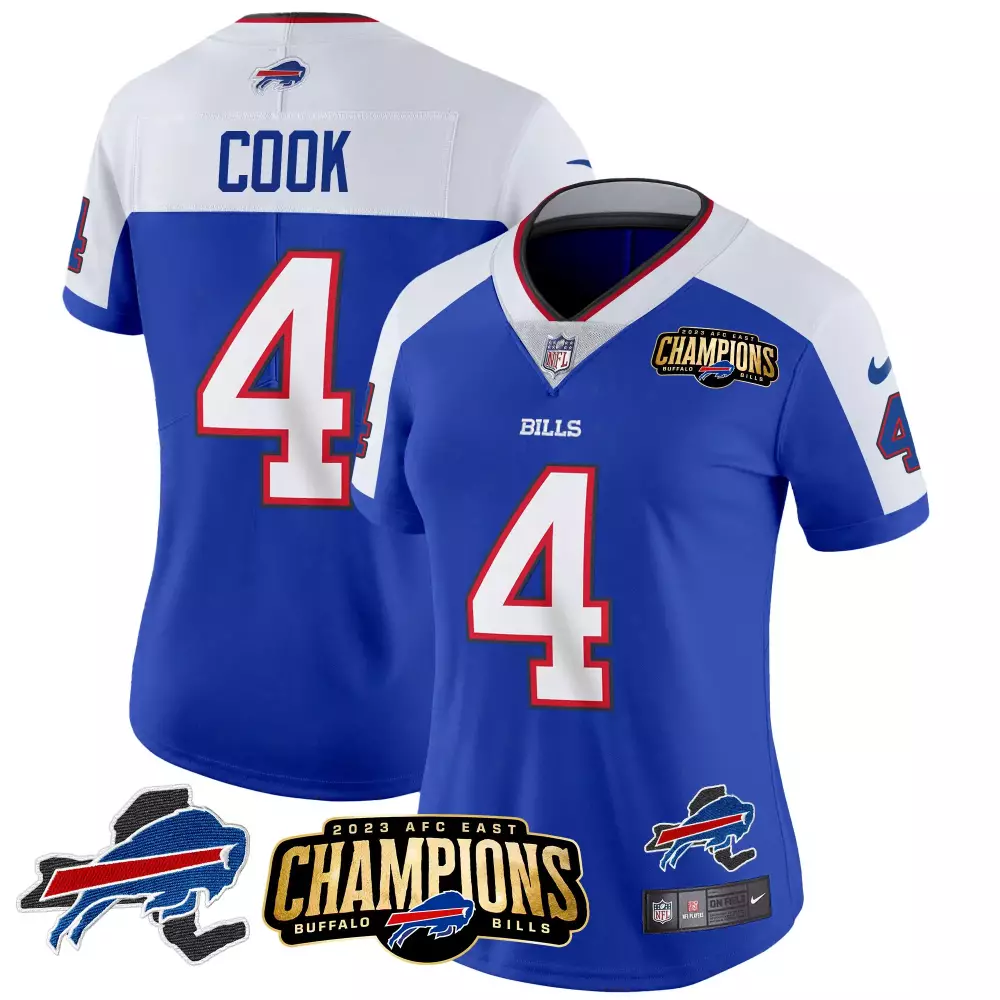 James Cook 4 Bills Jersey Blue 2023 AFC East Champions Men Replica White Red All