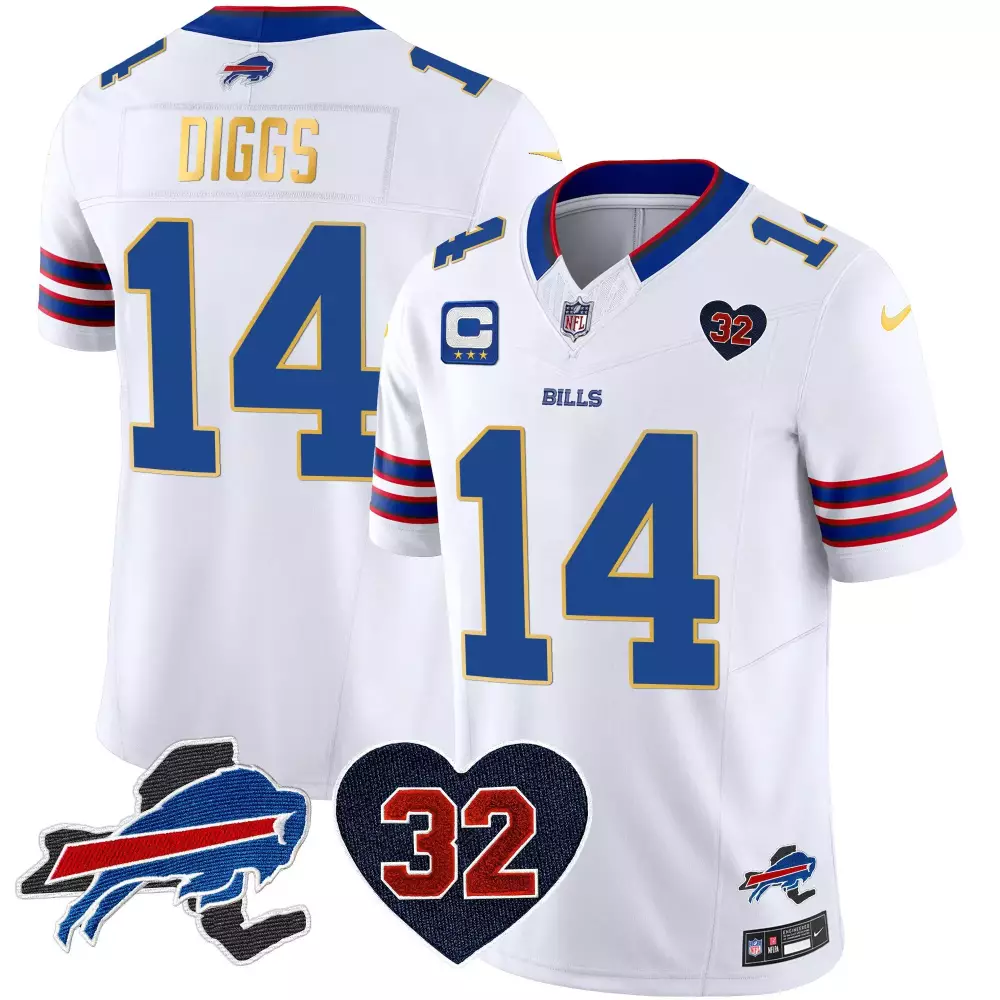 Stefon Diggs 14 Bills Jersey White Super Bowl Xxviii Captain Heart 32 Men NFL Blue