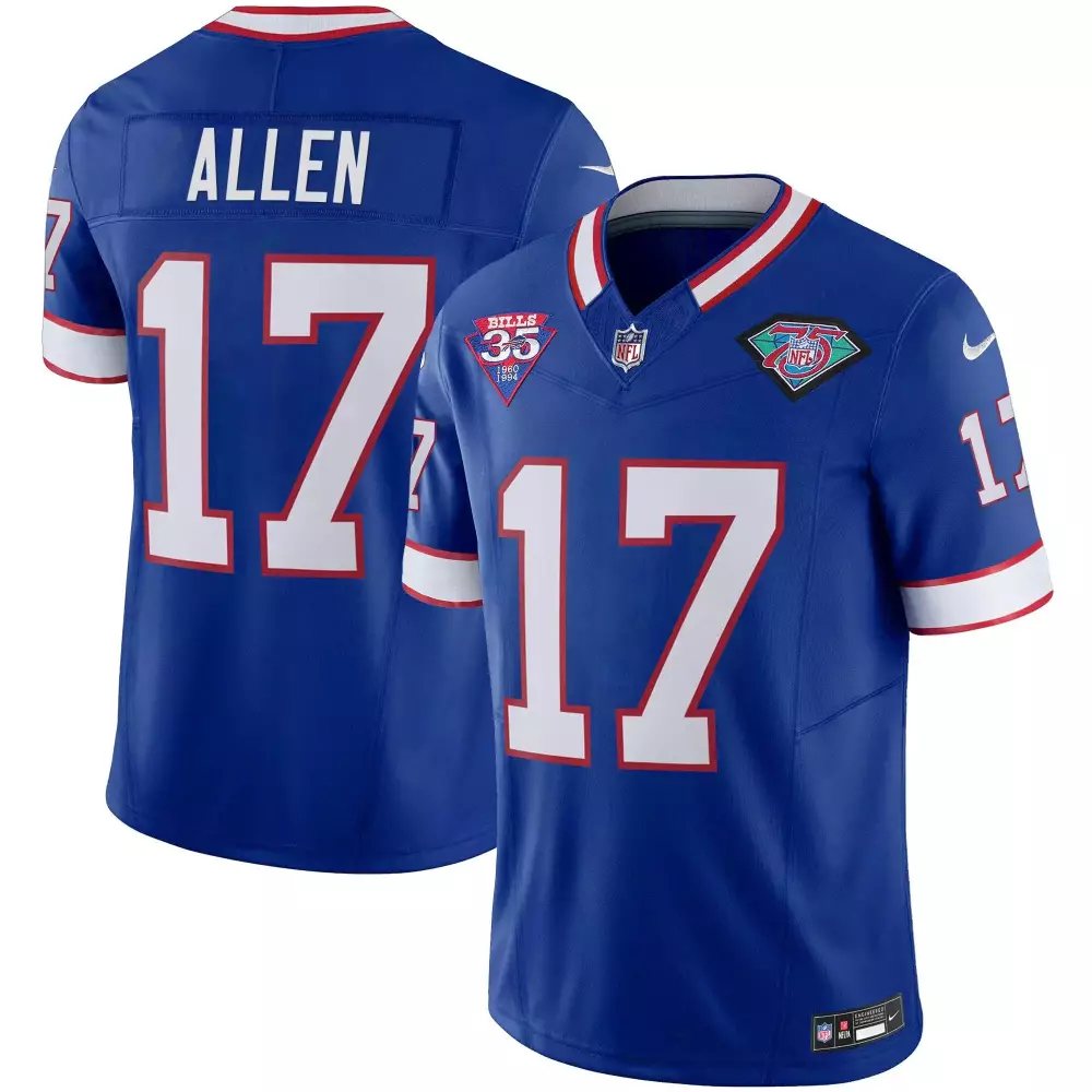 Josh Allen 17 Buffalo Bills Jersey Royal Blue 75th Anniversary 35th Men NFL White