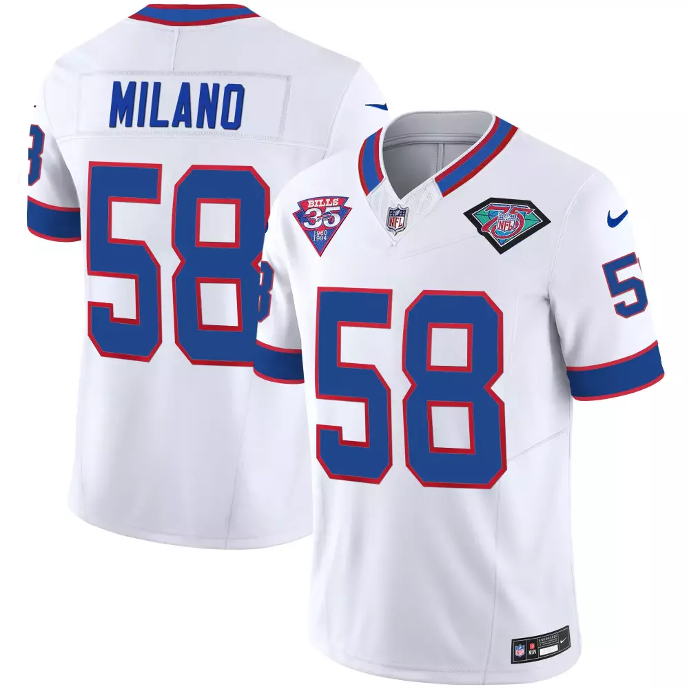 Matt Milano 58 Buffalo Bills Jersey White 75th Anniversary 35th 1960-1995 2021 Men