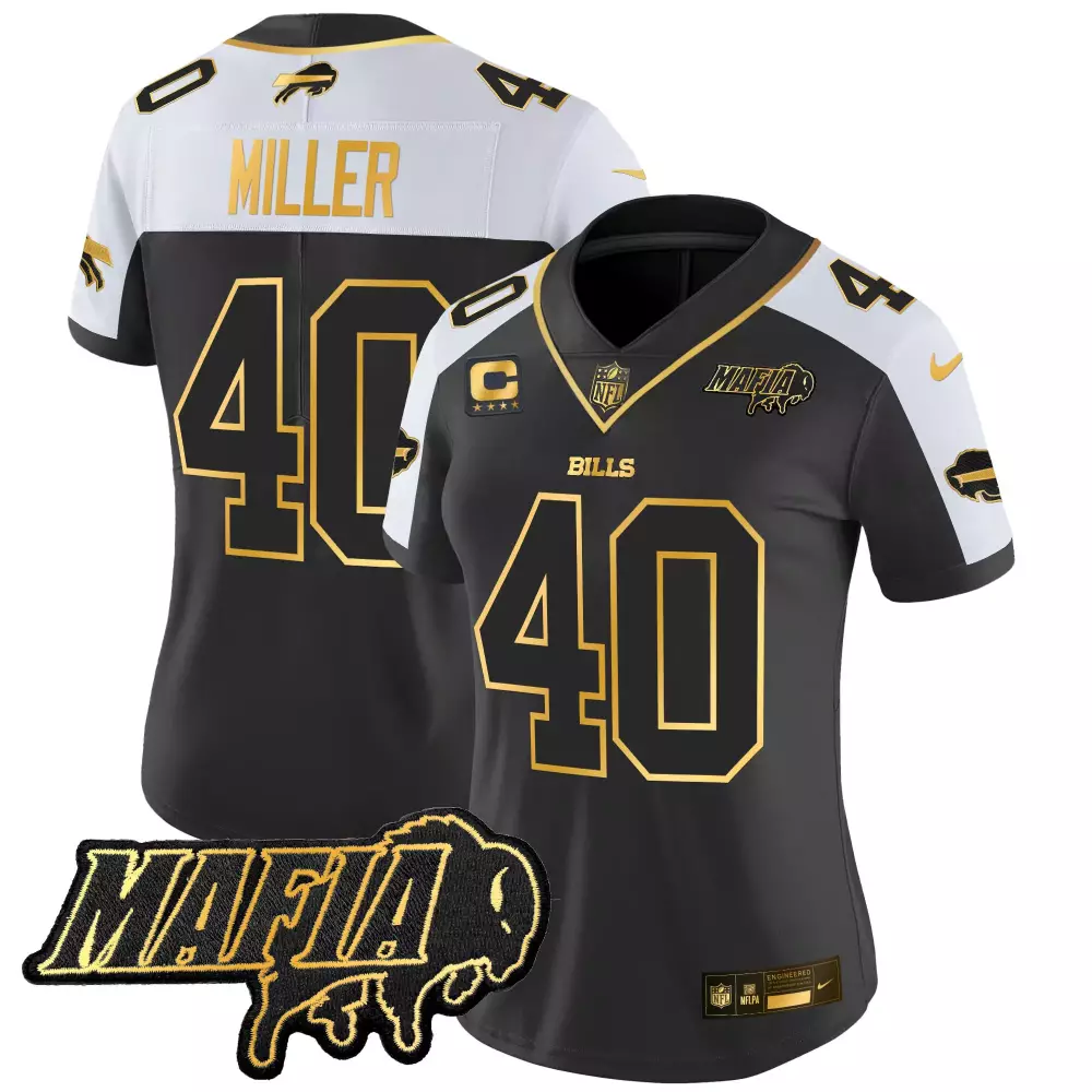 Von Miller 40 Bills Jersey Black Mafia Women Replica Split Design White Gold Alternate