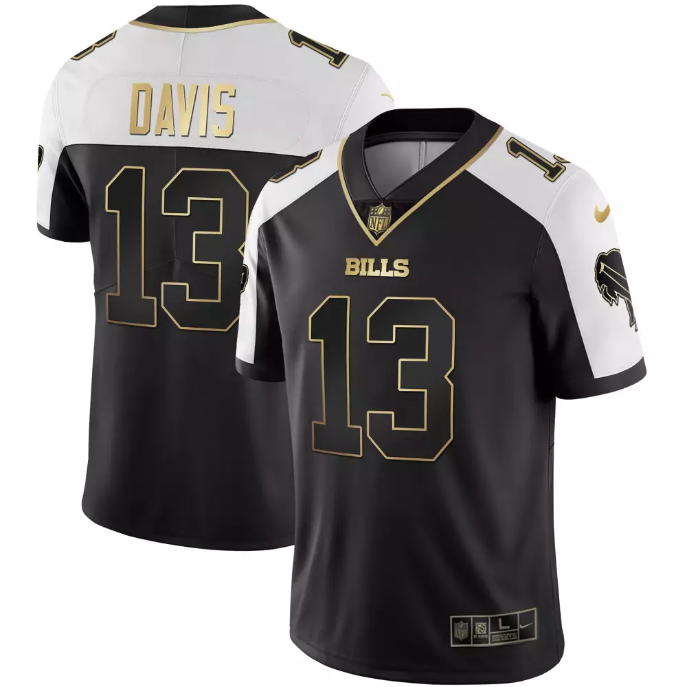 Davis 13 Bills Jersey Black Men Replica White Gold Stitched