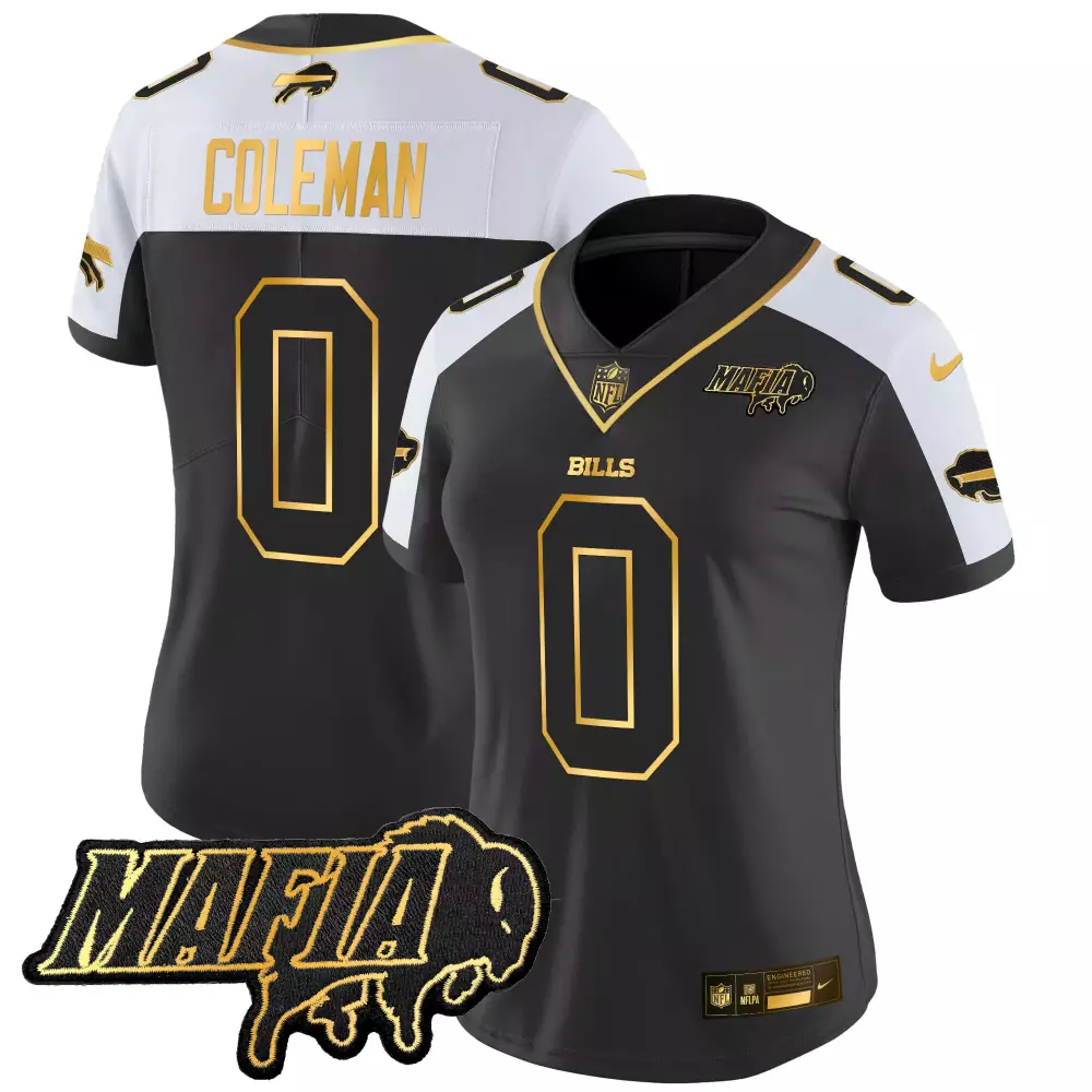 Keon Coleman Bills Jersey Black Mafia Alternate Split Design White Gold Stitched