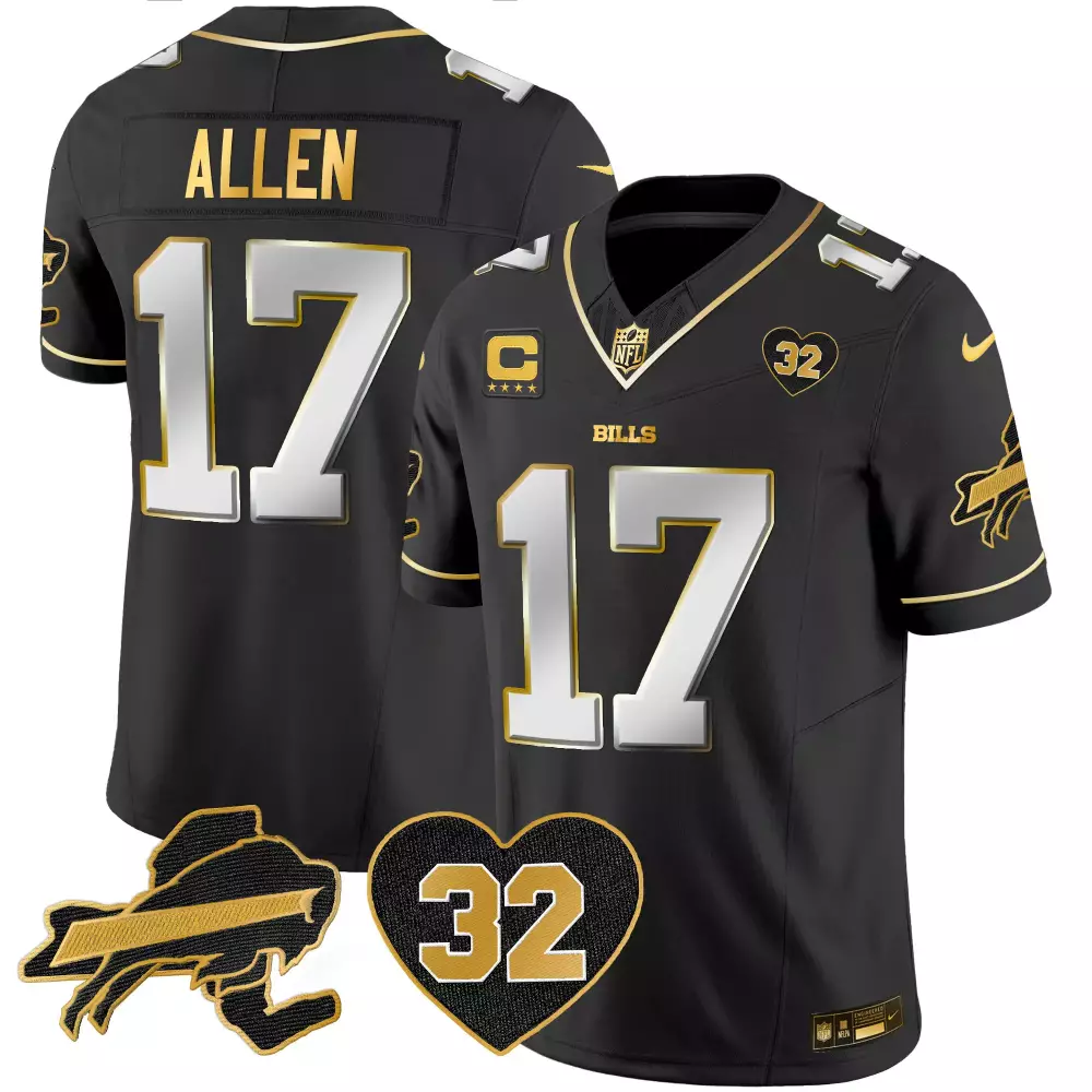 Josh Allen 17 Bills Jersey Black And Gold Buffalo Heart 32 Men NFL Silver All Stitched