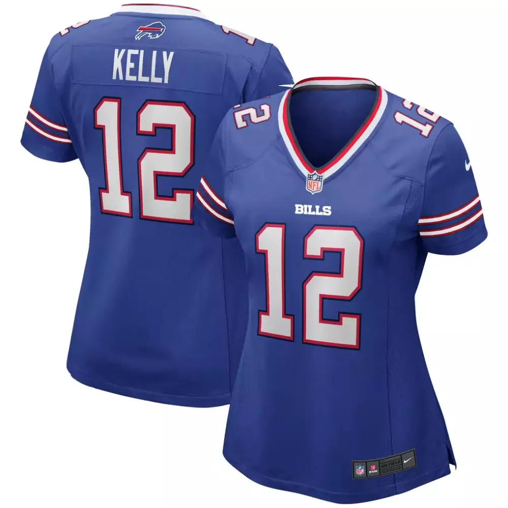 Jim Kelly 12 Buffalo Bills Jersey Royal Blue Women NFL White Red Game Retired